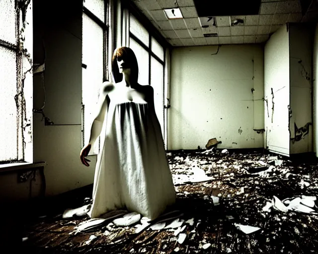 Prompt: creepy mangled woman wearing white dress standing in the backrooms, the eerie forlorn atmosphere of a place that's usually bustling with people but is now abandoned and quiet, buzzing fluorescent lights above the ceiling, unsettling images, liminal space, dark,
