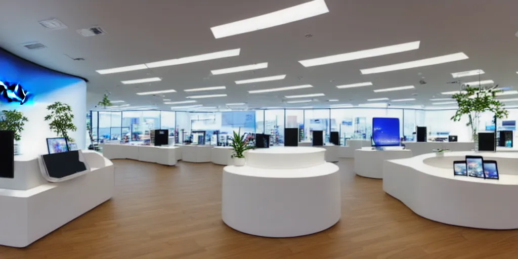 Prompt: wide angle photograph, atmospheric, realistic lighting, light bloom sunlight, nature outside, reflections, small samsung store. white walls. timber floor. display tables with phones and tablets. low ceilings with downlights and spots. curved white furniture with large digital screens. a few plants in the background