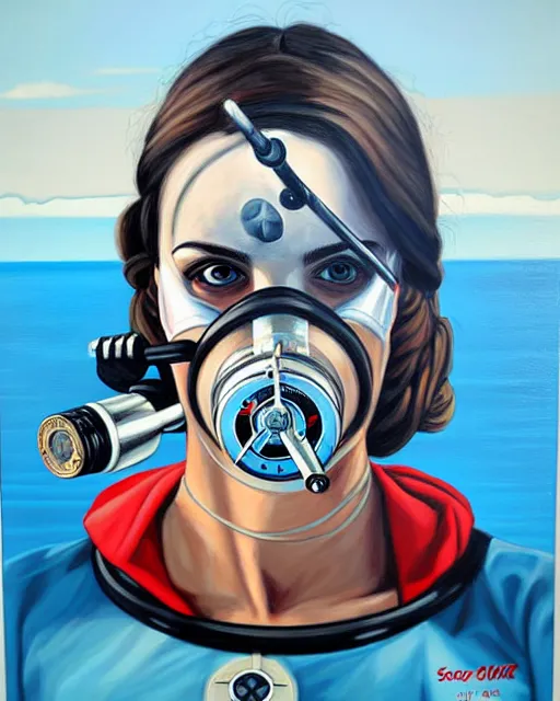 Prompt: portrait of a spy wearing oxygen mask with a harpoon with sea background with horror side profile by Sandra Chevrier