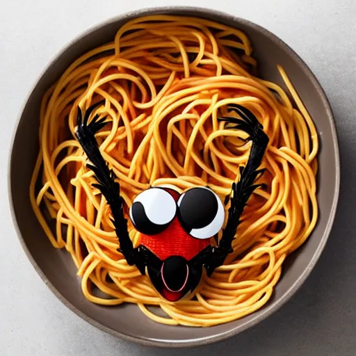 Image similar to An angry spider in a bowl of spaghetti