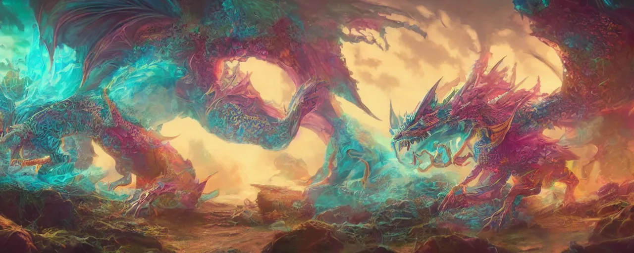 Prompt: detailed concept art illustration colorful pastel painting of a retro magical fantasy dragon in full intricate detail, ultra detailed, digital art, octane render, 4K, dystopian, micro details