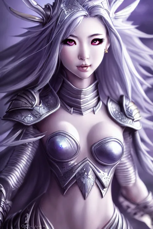 Image similar to sakimi chan, detailed face, standing, silver fantasy armor, tony sart