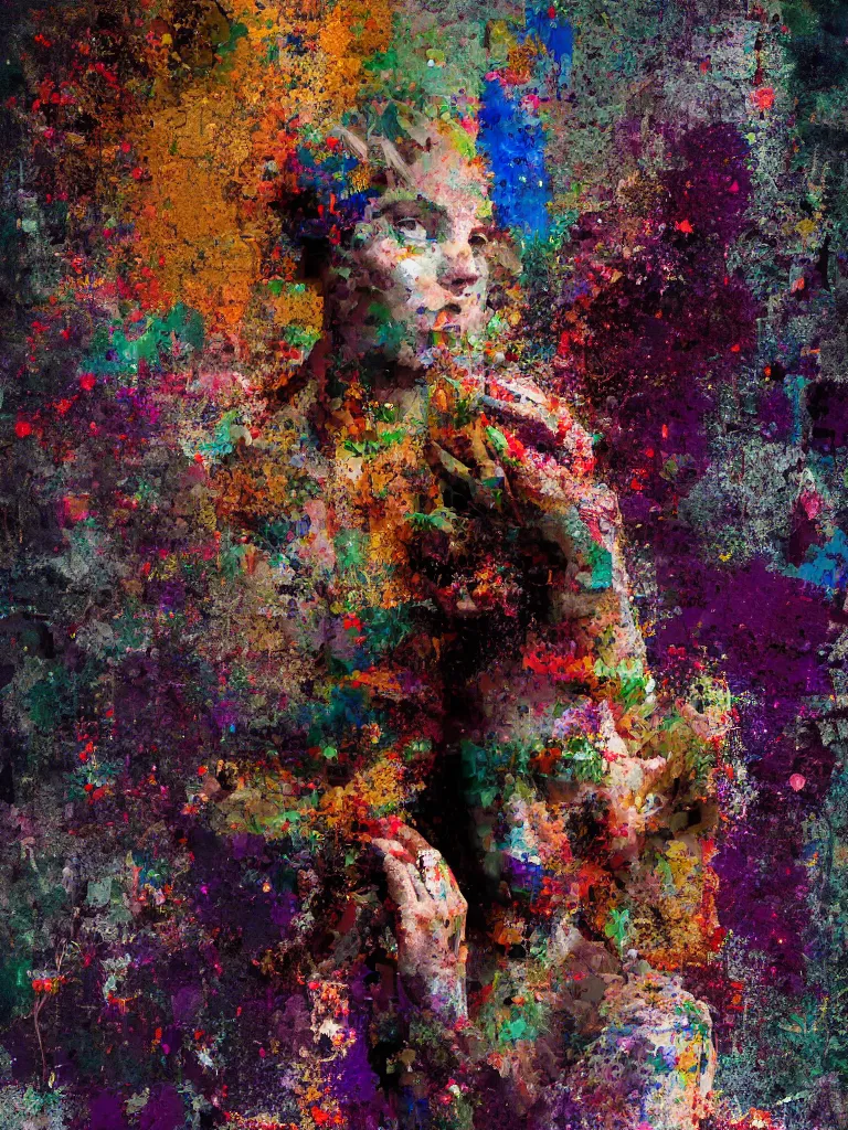 Image similar to a _ beautiful _ glitched _ painting _ by _ robert _ proch _ of _ a _ woman _ in _ a _ glitched _ bathroom _ metal _ rust _ and _ plaster _ materials _ pixel _ sorting _ color bleeding