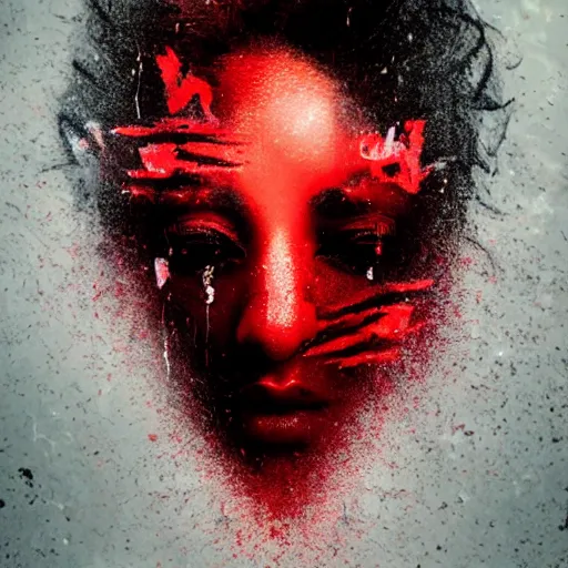 Image similar to masterpiece dynamic portrait of an aesthetic beautiful realistic black haired woman protesting, 3 0 years old woman, mid long hair, black eyed, red peace and love symbol on the cheek, digital painting by zack snyder, atmospheric red effects, sparkles, artstation, deviantart, large view, motion blur, black background