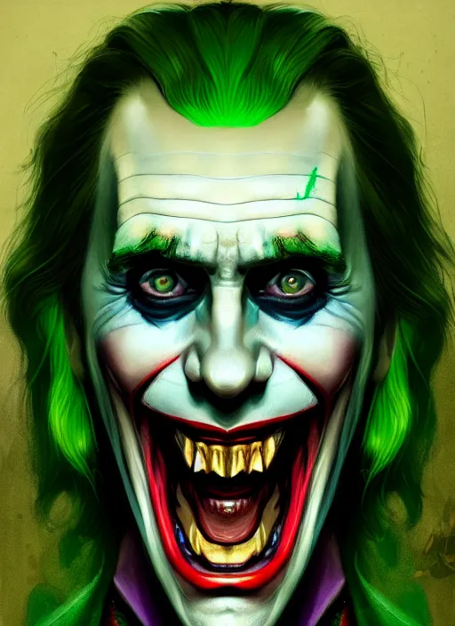 Image similar to portrait of jared leto as the joker, green hair, intricate, elegant, glowing lights, highly detailed, digital painting, artstation, concept art, sharp focus, illustration, art by wlop, mars ravelo and greg rutkowski