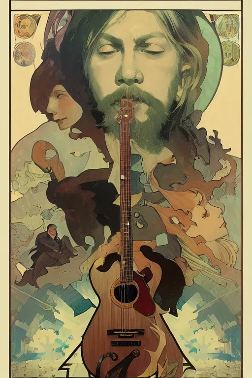 Image similar to Poster artwork, Duane Allman, medium shot, details, sharp focus, illustration, by Jordan Grimmer and Alphonse Mucha and greg rutkowski and PiNe (パイネ) and 薯子 Imoko and 香川悠作 and maya takamura, intricate, beautiful, Trending on artstation, pixiv, digital Art