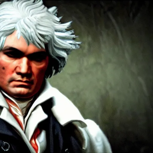 Image similar to Beethoven as a character in Devil May Cry, film still, photorealistic, full shot