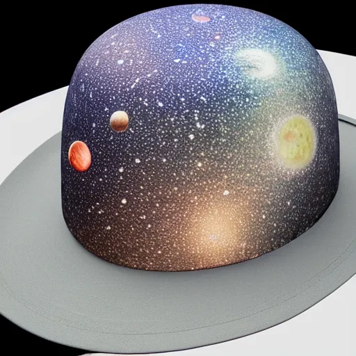 Image similar to a hat made out of stars and moons and planets, hyperrealistic detailed beautiful intricate 3 d render