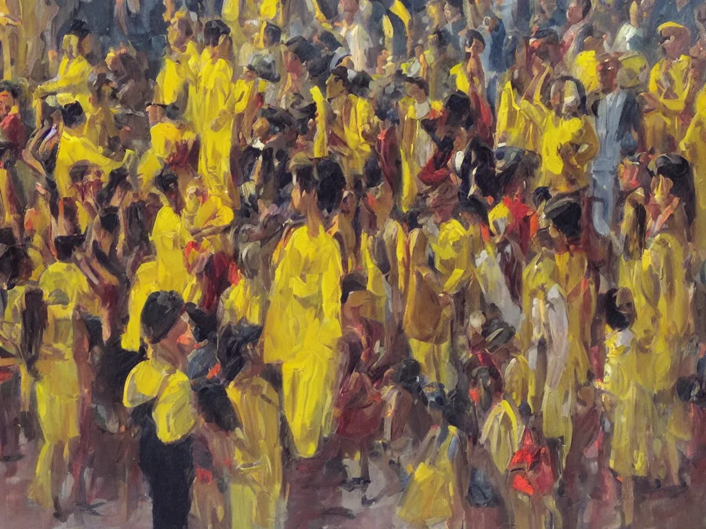 Prompt: point of view of a person in a big parade at night, everyone have yellow clothes, one girl staring at you smiling, photorealistic portrait oil painting, POV