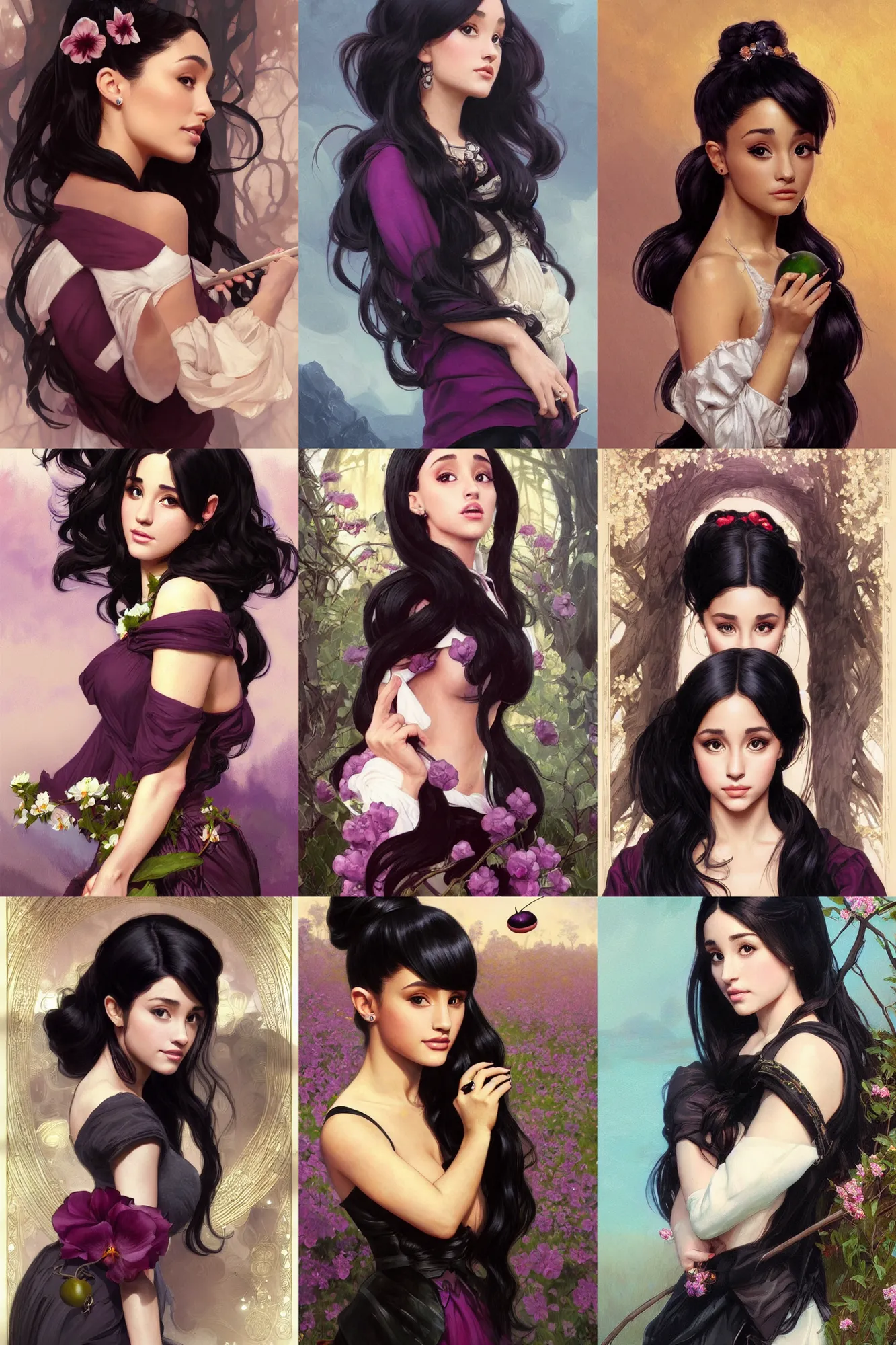 Prompt: beautiful cottagecore Ariana Grande holding a Black Plum, Black Hair, intricate, elegant, highly detailed, digital painting, artstation, concept art, smooth, sharp, focus, illustration, art by artgerm and greg rutkowski and alphonse mucha