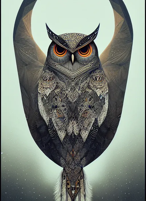 Image similar to portrait of a geometric owl, identical eyes, medium shot, illustration, full body made of white feathers, symmetrical, art stand, super detailed, cinematic lighting, and its detailed and intricate, gorgeous, by peter mohrbacher