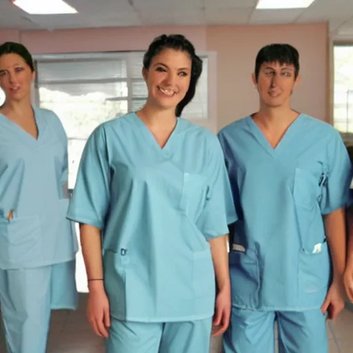 Prompt: a tailored set of scrubs that didn't fit. The lab scrubs had a diagonal bead across it.