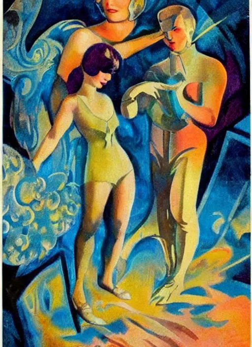 Prompt: 1920s art deco by Tito Corbella, a family enshrouded in celestial crystalline fractals of their own bedroom, figure art by Bob Peak and by Mark Tennant, vintage postcard