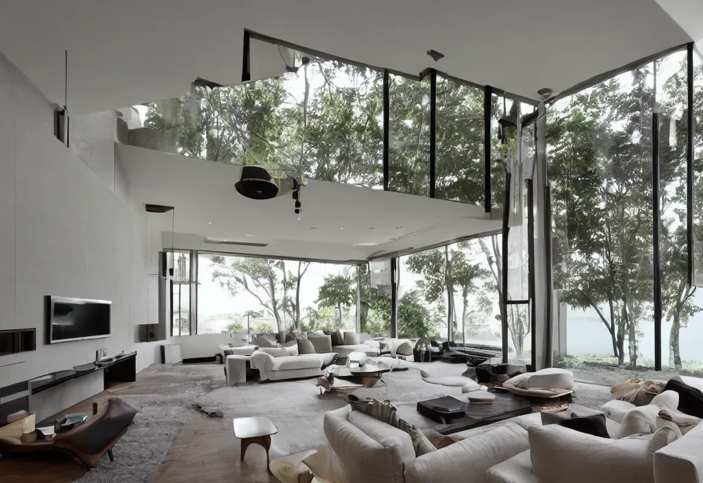 Image similar to a modern interior design, living room, residential design, floor - to - ceiling windows, by gracinha viterbo, trending ，