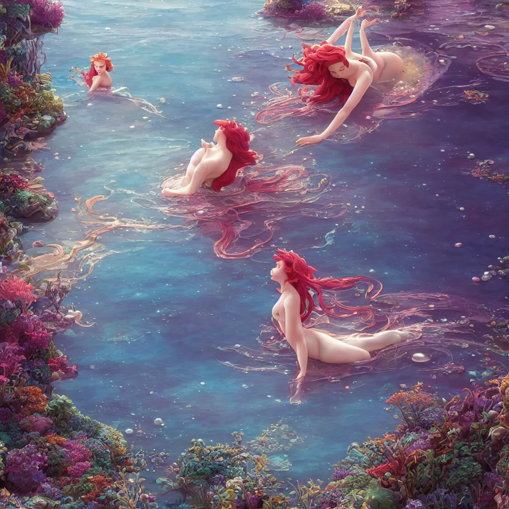 Prompt: the little mermaid sings in the colorful ocean, correct human body and perspective, pearls and shells, fantasy art by ferdinand knab, makoto shinkai and ilya kuvshinov, rossdraws, tom bagshaw, alphonse mucha, trending onstudio ghibli, radiant light, highly detailed, octane render, 8 k