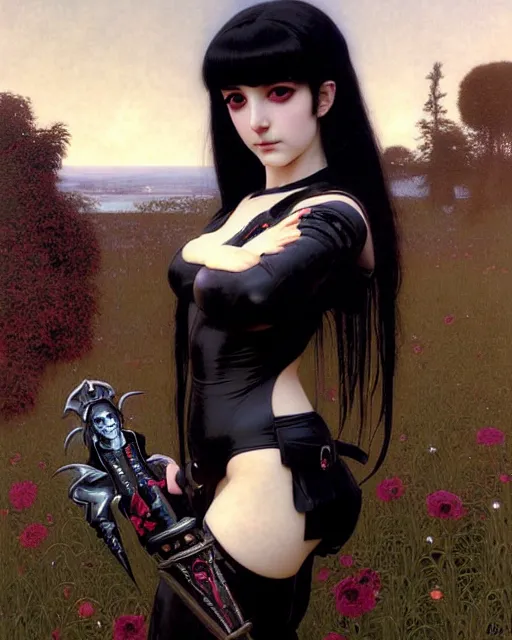 Image similar to portrait of beautiful goth e - girl cosplay with black hair in warhammer armor, white background, art by ( ( ( kuvshinov ilya ) ) ) and wayne barlowe and gustav klimt and artgerm and wlop and william - adolphe bouguereau