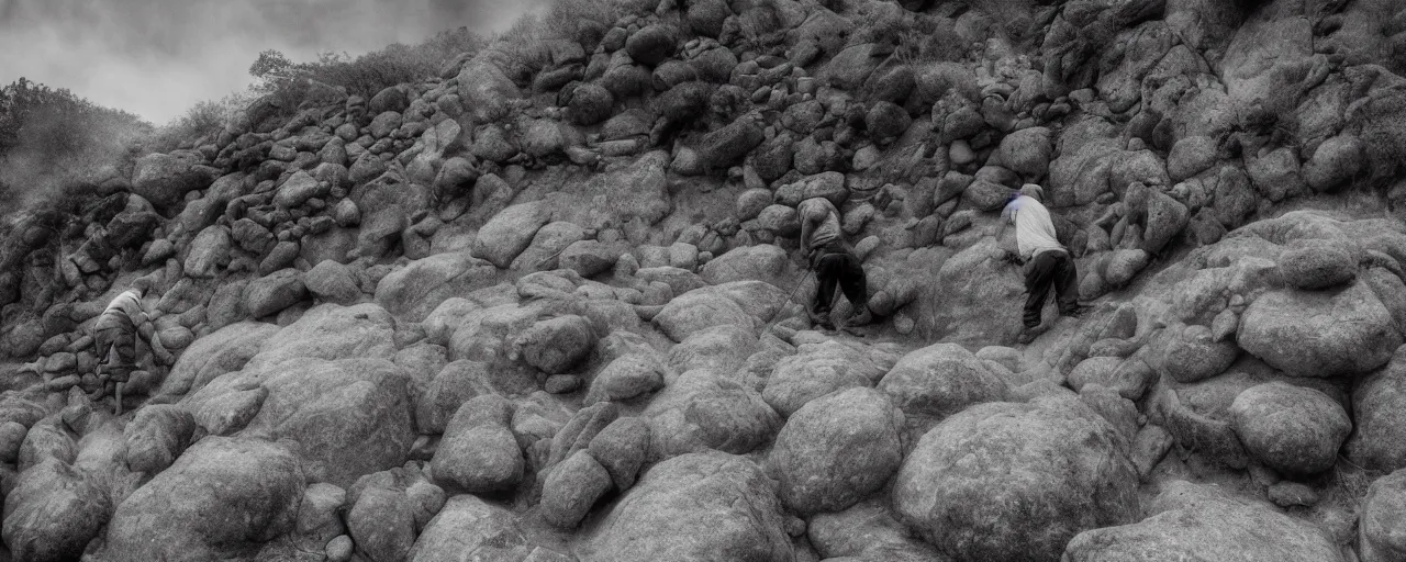 Prompt: a man is pushing a large and round boulder up a mountain, the stone is rolling up, the man looks tired and dejected, the mountain is steep, melancholic mood, animated, impressionism, 8k, HDR, ultra detailed, wide angle shot, movie poster, cinematic composition, trending on artstation, black and white