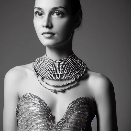 Prompt: catalog photograph of a woman's necklace in white gold. the necklace sparkles around the model's neck. the necklace is made up of lots of small gold rings encrusted with precious stones.