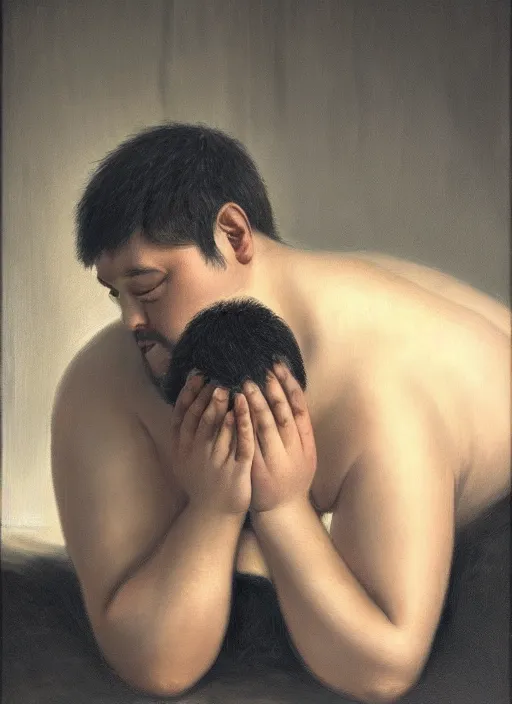 Prompt: insanely detailed chiaroscuro image of a exhausted - looking chubby casually - dressed programmer guy on his knees facing his glowing ultrawide monitor monitor begging it for forgiveness, oil on canvas, masterwork, fine detail, trending on artstation, emotive, insanely compelling, ryden, koons, moebius