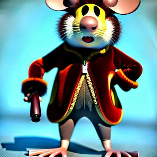 Image similar to 3d anthropomorphic rat, disney pixar, holding tommy gun, velvet, fur coat, high quality, golden necklace, fendi, high fashion