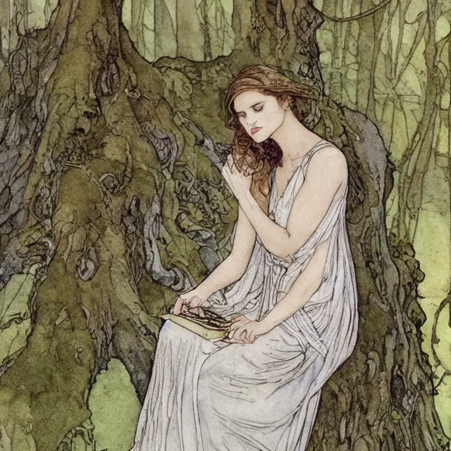 Image similar to a detailed, intricate watercolor and ink portrait illustration with fine lines, of a lovely, pretty, young alicia vikander with a detailed face in a dress sitting on the mossy ground reading under a gnarled tree, by arthur rackham and edmund dulac and mucha