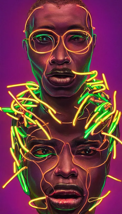 Image similar to detailed full body illustration of an African male with face augmentations, strong neon lighting, Afrofuturism, extravagant feathered collar, by glenn fabry, hyper realistic, HD, oil on canvas