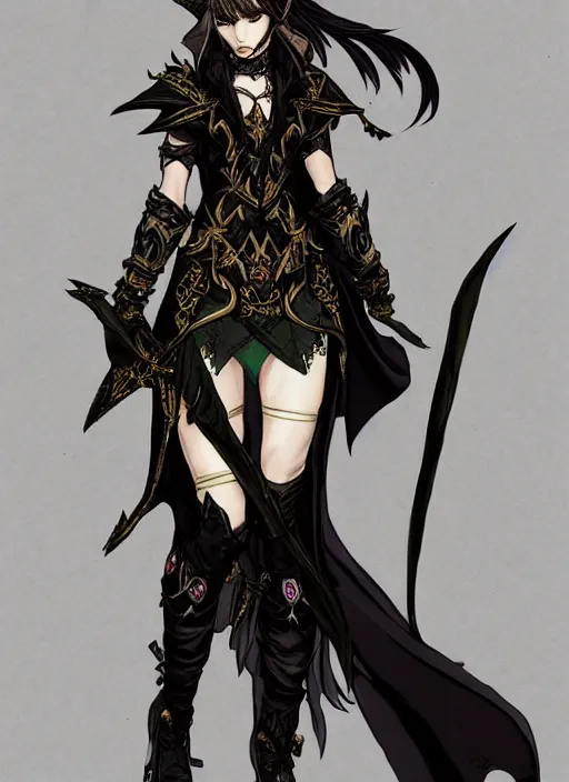 Prompt: Full body portrait of a lively young beautiful elven female in ornate rogue attire. In style of Yoji Shinkawa and Hyung-tae Kim, trending on ArtStation, dark fantasy, great composition, concept art, highly detailed, dynamic pose.