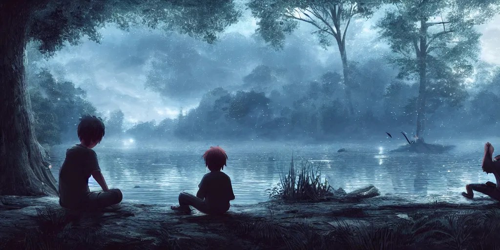 Image similar to a big silver dragon and a boy sitting next to lake in forest, many fireflys, at night, concept art, dof, cryengine, digital art, detailed background, makoto shinkai