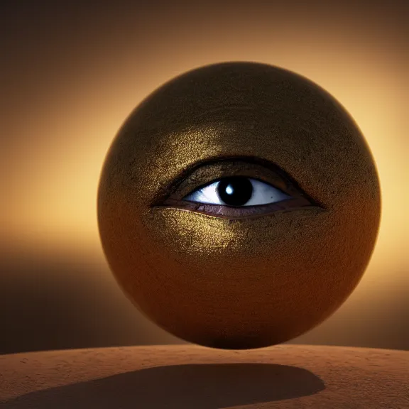 Image similar to An ancient egyptian perfect sphere with the wedjat eye engraved, dirty gold, splash art, movie still, cinematic lighting, dramatic, octane render, long lens, shallow depth of field, bokeh, anamorphic lens flare, 8k, hyper detailed, 35mm film grain