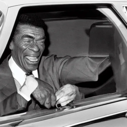 Image similar to “ ronald regan nervously locking his car door as he drives past a black person ”