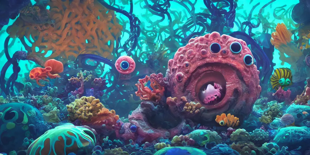 Image similar to of a colorful deep sea under water with strange cute friendly happy creatures with huge eyes, mouth, long tongue and round teeth appearing from sandy coral, in the style of gehry and gaudi, macro lens, shallow depth of field, ultra detailed, digital painting, trending artstation, concept art, illustration, cinematic lighting, photorealism, epic, octane render