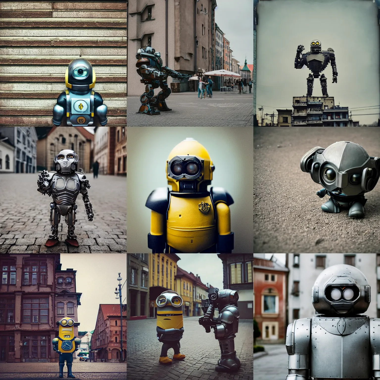 Prompt: legnica. medium shot close up. armored cyborg minion, in legnica, full body, cinematic focus, polaroid photo, vintage, neutral dull colors, soft lights, by oleg oprisco, by thomas peschak, by discovery channel, by victor enrich, by gregory crewdson