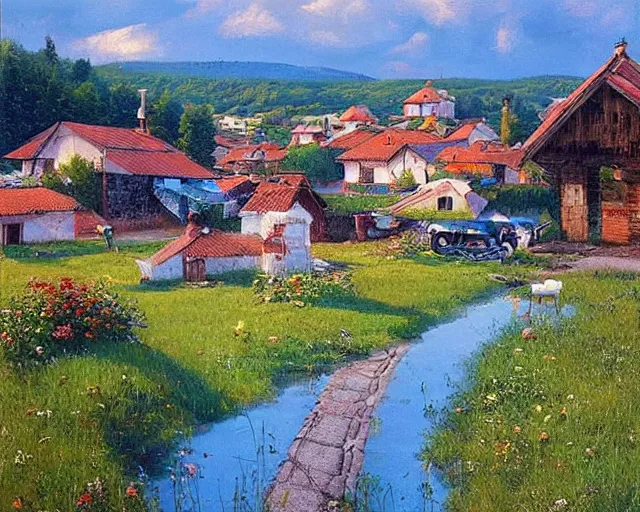 Image similar to a beautiful view of a peaceful village in ukraine. art by denys tsiperko and bogdan rezunenko, hyperrealism