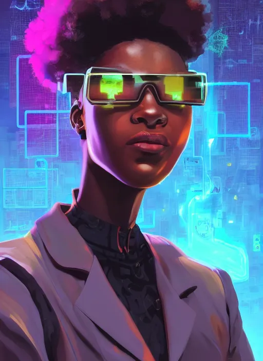 Prompt: afro - cyberpunk scientist, computers and holograms, hacking the metaverse | hyperrealistic oil painting | by makoto shinkai, ilya kuvshinov, lois van baarle, rossdraws, basquiat | afrofuturism, in the style of hearthstone, trending on artstation | dark color scheme