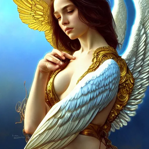 Prompt: wide angle full body portrait of an angel with a perfect face and perfect body, golden wings, intricate, highly detailed, digital painting, artstation, concept art, smooth, sharp focus, illustration, Unreal Engine 5, 8K, art by artgerm and greg rutkowski and alphonse mucha