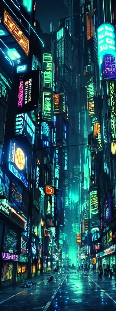 Image similar to A magnificent dark neon futuristic cyberpunk city bustling street at night made in cinema4d, hyper realistic, extreme details, cinematic