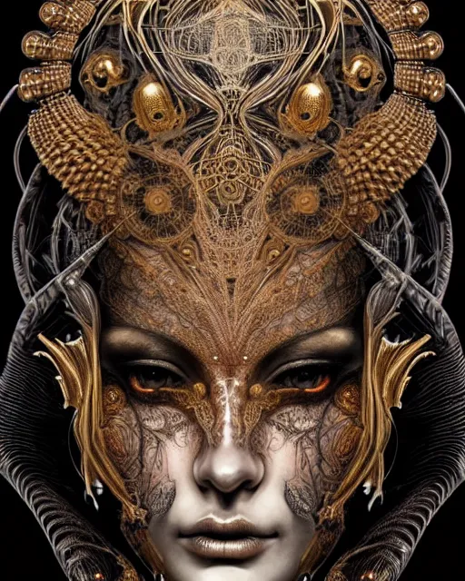 Prompt: hyperrealistic detailed face portrait of the beautiful dark goddess with an intricate golden ornamental geometrical ritual mask, intricate cyberpunk tattoos, glowing ceremonial markings, emotionally dark figure, insane details, art by ernst haeckel, nekro borja, android jones, gothic - cyberpunk, ornamental, dimmed pastel colours,