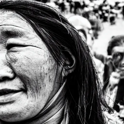 Prompt: hunnic protester face elongated cranium mongolian hair style photo black and white wide angle lense