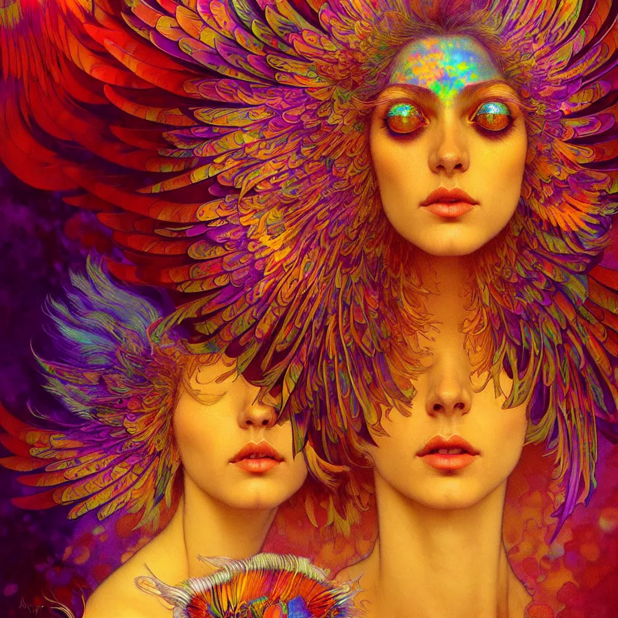 Image similar to face of innocent psychedelic transcendent feather mind bending psychedelic wings of glossy liquid honey flowing like kaleidoscopic translucent holograph, lsd feathers, feathery fluff, enlightenment, high contrast dappled lighting, refracted sunset, highly detailed, concept art, art by collier, albert aublet, krenz cushart, artem demura, alphonse mucha