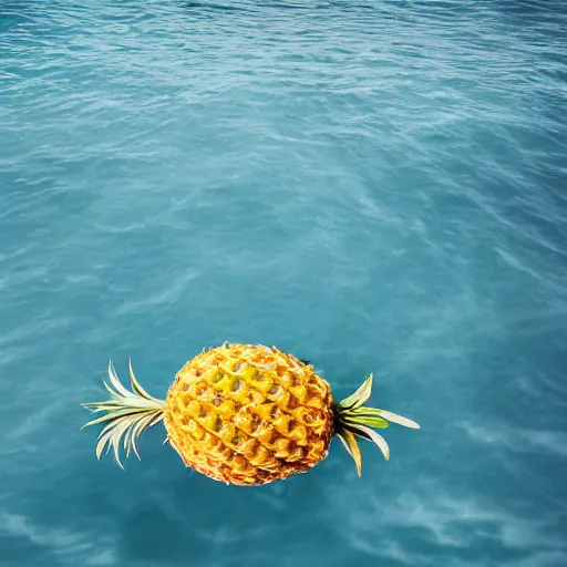 Image similar to a pineapple floating in the middle of the ocean, realistic, beautiful lighting