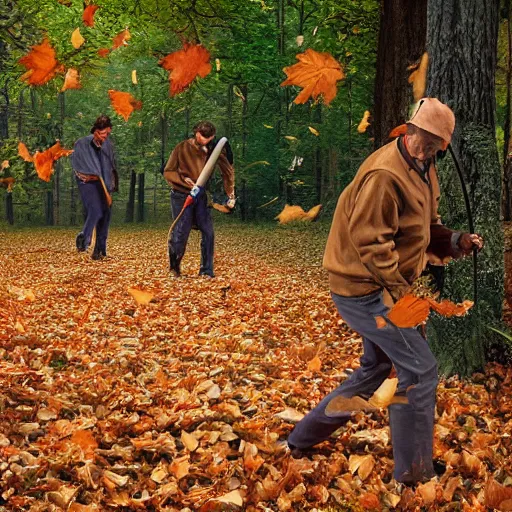 Prompt: men with leaf blowers fighting the falling leaves in a forest, detailed face, by Steve McCurry and David Lazar, CANON Eos C300, ƒ5.6, 35mm, 8K, medium-format print