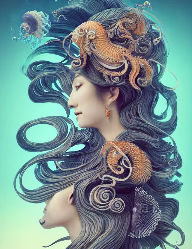 Image similar to 3 d goddess nautilus half - turn portrait with long hair with ram skull. beautiful intricately detailed japanese crow kitsune mask and clasical japanese kimono. betta fish, jellyfish phoenix, bio luminescent, plasma, ice, water, wind, creature, artwork by tooth wu and wlop and beeple and greg rutkowski