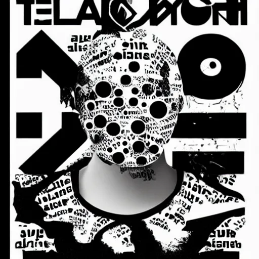 Prompt: black on white graphic poster for a techno party in style of david rudnick, acid, y 2 k