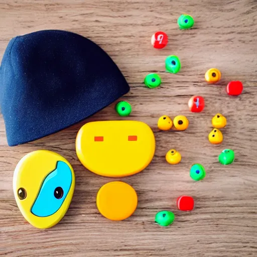 Image similar to wooden toy, tamagotchi, hat, big eyes