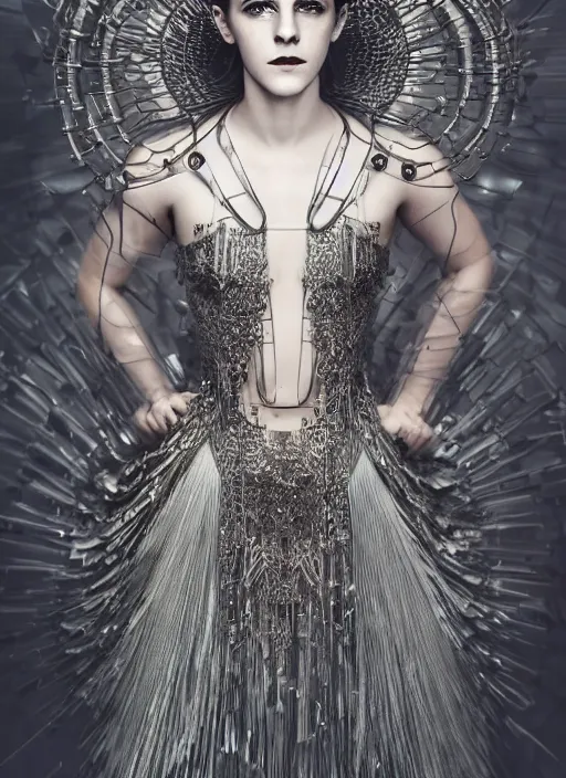 Image similar to expressive full body photo of emma watson, headpiece made from water, dress made of steel blades, glamour shot, by karol bak, stefan gesell, photorealistic, canon, fashion photography, hyper maximalist, elegant, ornate, luxury, elite, environmental portrait, symmetrical features, octane render, unreal engine, solid dark grey background, dramatic lights