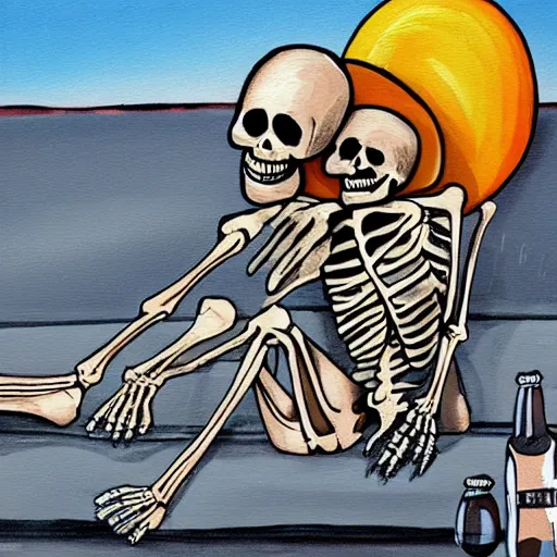 Prompt: painting of a skeleton wearing summer clothes, sitting on the curb at a beach, drinking beer and enjoying life