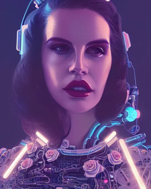 Image similar to portrait of lana del rey as a cyberpunk cyborg. roses, sci - fi, intricate abstract upper body intricate artwork, by tooth wu, wlop, beeple, dan mumford. concept art, octane render, deviantart, greg rutkowski, cinematic arthouse, key art, hyper realism, iridescent accents