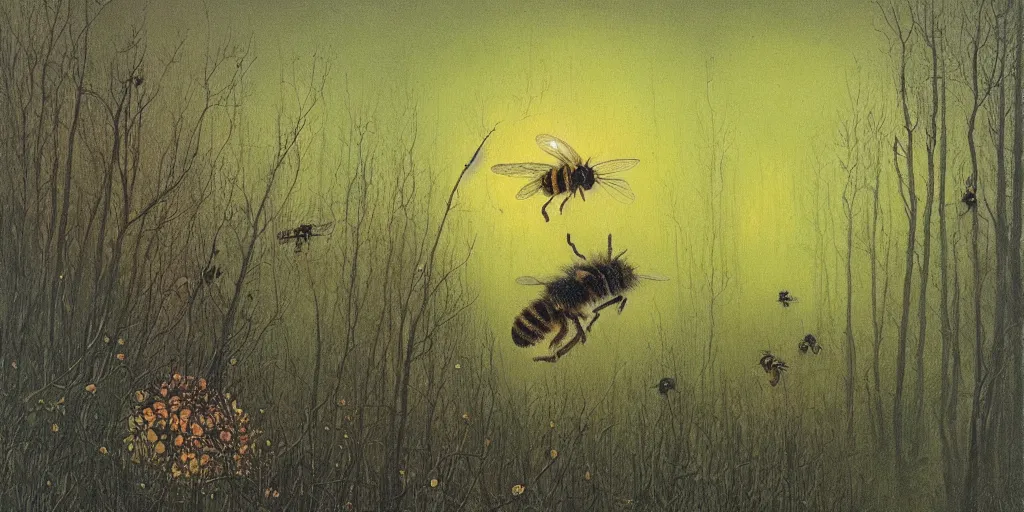 Prompt: painting in style of beksinski featuring a honey bee lost in the forest