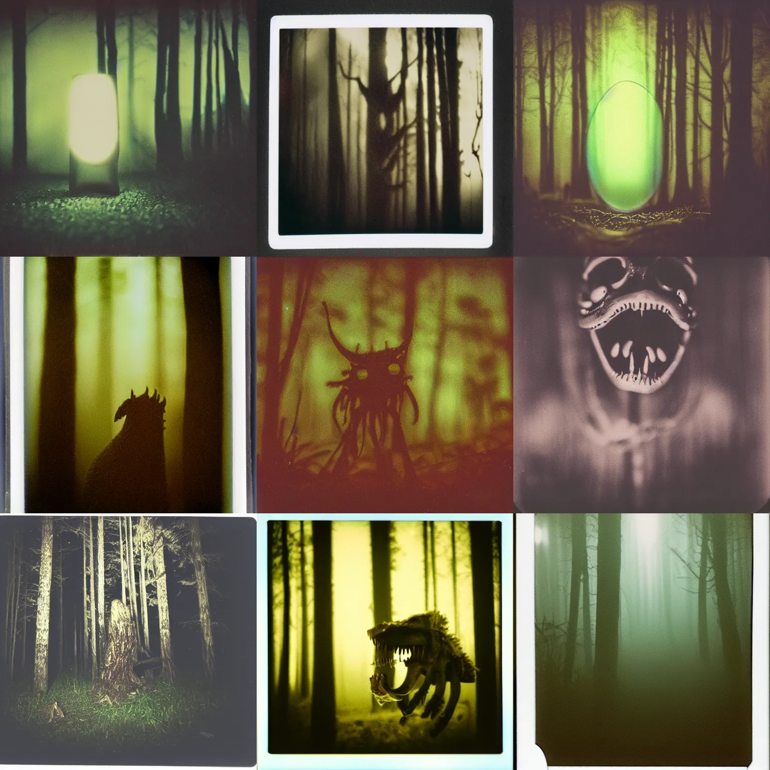 Prompt: polaroid of terrifying monster!!!!! forest night torchlight shallow depth of field