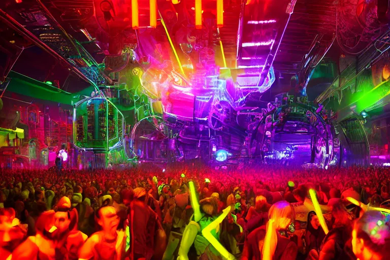 Image similar to an outdoor festival stage with audience, neon letters tripmachine, center of the stage is a big futuristic steampunk generator with gears and belts and tubes, surrounded by big cyberpunk loudspeakers, rock musicians on the stage, laser show, 8 k, fluorescent colors, halluzinogenic, multicolored, exaggerated detailed, unreal engine